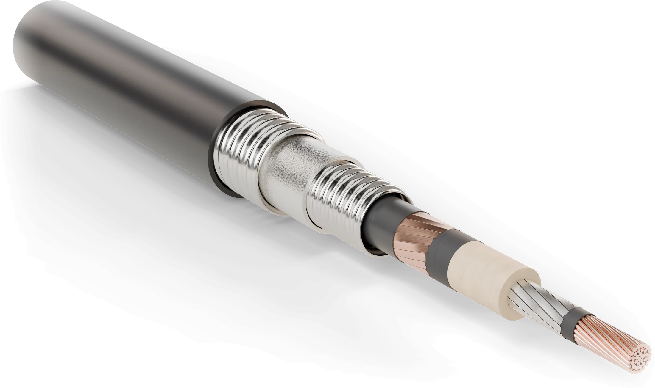 A superconducting power cable stripped back layer by layer, from the black jacket through the steel cryostat walls and superinsulation to the paper dielectric, the superconducting tapes, and the copper core, rendered