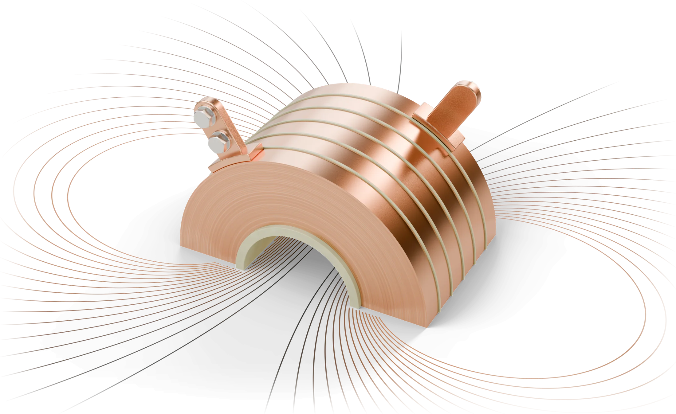 A superconducting magnet coil cut through its axis and lying on the page, surrounded by the magnetic field lines computed for its winding, rendered