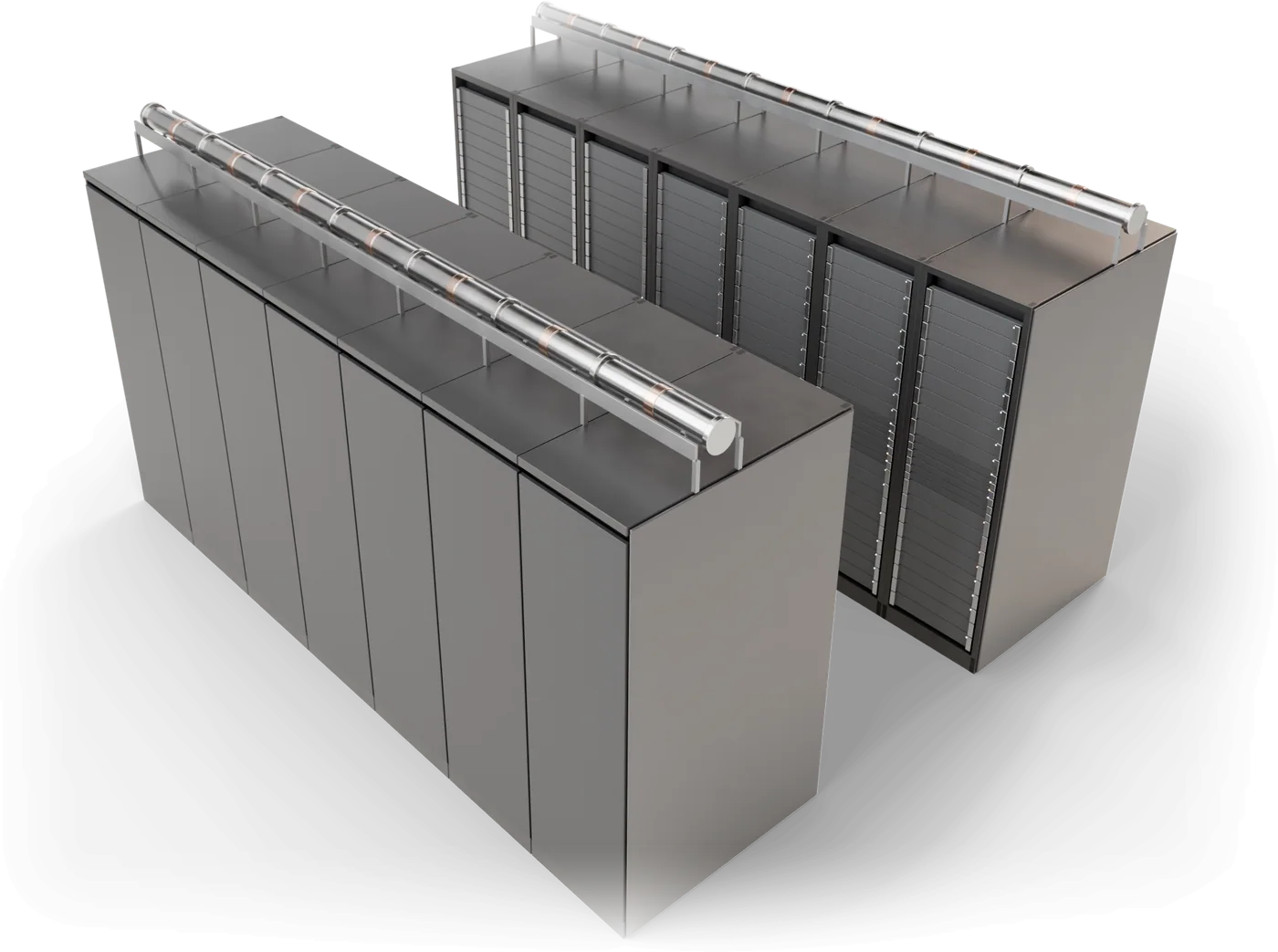 Rows of data-center racks fed by a superconducting power line, rendered